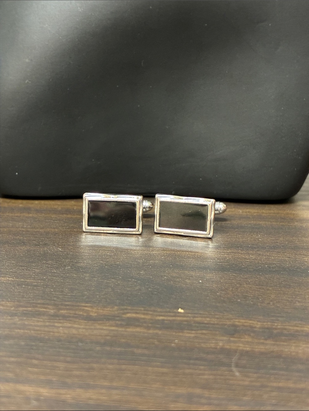Classic Black Rectangular Cufflinks - Silver Trim